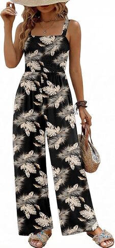 Ekouaer Women's Casual Loose Jumpsuits One Piece Sleeveless Overalls Printed Long Pant Romper Fashion Boho Jumper with Pocket in Kuwait