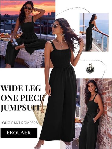 Ekouaer Women's Casual Loose Jumpsuits One Piece Sleeveless Overalls Printed Long Pant Romper Fashion Boho Jumper with Pocket in Kuwait