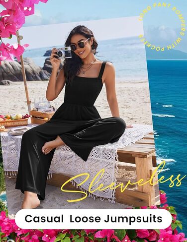 Ekouaer Women's Casual Loose Jumpsuits One Piece Sleeveless Overalls Printed Long Pant Romper Fashion Boho Jumper with Pocket in Kuwait