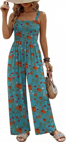 Ekouaer Women's Casual Loose Jumpsuits One Piece Sleeveless Overalls Printed Long Pant Romper Fashion Boho Jumper with Pocket in Kuwait