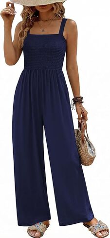 Ekouaer Women's Casual Loose Jumpsuits One Piece Sleeveless Overalls Printed Long Pant Romper Fashion Boho Jumper with Pocket in Kuwait