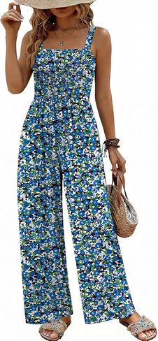 Ekouaer Women's Casual Loose Jumpsuits One Piece Sleeveless Overalls Printed Long Pant Romper Fashion Boho Jumper with Pocket in Kuwait