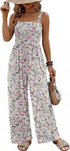 Ekouaer Women's Casual Loose Jumpsuits One Piece Sleeveless Overalls Printed Long Pant Romper Fashion Boho Jumper with Pocket in Kuwait