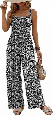 Ekouaer Women's Casual Loose Jumpsuits One Piece Sleeveless Overalls Printed Long Pant Romper Fashion Boho Jumper with Pocket in Kuwait