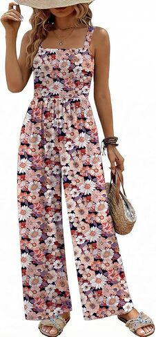 Ekouaer Women's Casual Loose Jumpsuits One Piece Sleeveless Overalls Printed Long Pant Romper Fashion Boho Jumper with Pocket in Kuwait