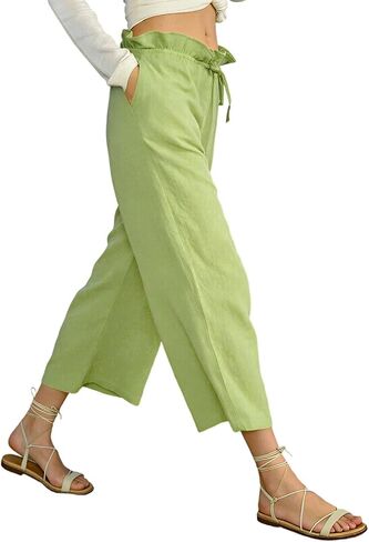 Capris Pants for Women Summer Casual Loose Ruffle Drawstring High Waist Wide Leg Beach Cropped Trousers with Pockets in Saudi Arabia