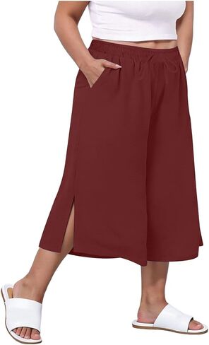 LRMQS Plus Size Capris for Women with Pockets Wide Leg Elastic Waist Summer Casual Cotton Linen Beach Pants Pull on Capris in Saudi Arabia