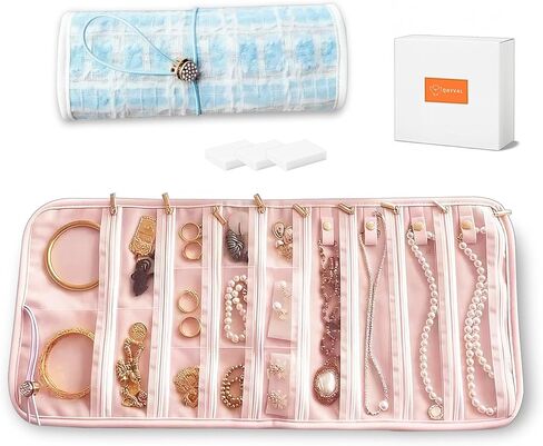 Tweed Travel Jewelry Organizer Roll with 17 Zippered Compartments, Portable Jewelry Storage Bag for Bracelets, Brooches, Rings, Earrings, Necklace Tangle-Free, Scratch Protection, Display(purple) in Saudi Arabia