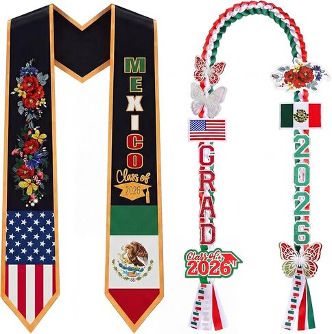 2 Pcs Mexican Graduation Leis Set Class of 2026 Stole Braided Money Ribbon Leis Graduation Necklace with Glittery Pins Braided Garland for Grad Gift University Ceremony DIY Decor in Saudi Arabia