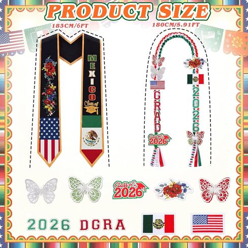 2 Pcs Mexican Graduation Leis Set Class of 2026 Stole Braided Money Ribbon Leis Graduation Necklace with Glittery Pins Braided Garland for Grad Gift University Ceremony DIY Decor in Saudi Arabia