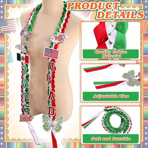 2 Pcs Mexican Graduation Leis Set Class of 2026 Stole Braided Money Ribbon Leis Graduation Necklace with Glittery Pins Braided Garland for Grad Gift University Ceremony DIY Decor in Saudi Arabia