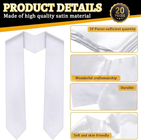 Haysandy 20 Pieces 62 Inches Unisex Adult Plain Graduation Stole, Satin Honor Graduate Sash Scarf for Men Women (White) in Saudi Arabia