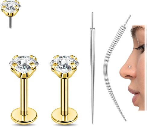 PunkTracker 20G 18G 16G Gold Flat Back Earrings Stud G23 Titanium Threadless Tragus Helix Cartilage Lip Medusa Piercing Jewelry Hypoallergenic Nose Stud 4Pcs in Saudi Arabia