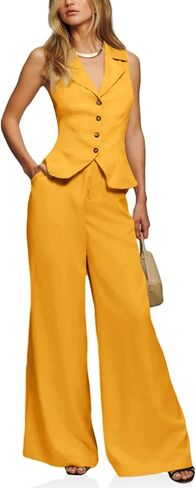 Cicy Bell Womens Vest Sets Summer 2 Piece Outfits Button Crop Blazer Vest and Wide Leg Pant Suits in Saudi Arabia