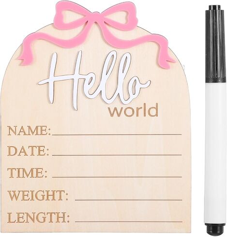 Sibba 5.9" Wooden Bow Birth Welcome Stats Announcement Plaque Hello World Newborn Sign & Pen, Birth Name Sign Bulletin Board Card Newborn Information Record Signs for Hospital Shower Decor Photo Props in Saudi Arabia