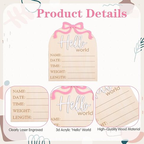 Sibba 5.9" Wooden Bow Birth Welcome Stats Announcement Plaque Hello World Newborn Sign & Pen, Birth Name Sign Bulletin Board Card Newborn Information Record Signs for Hospital Shower Decor Photo Props in Saudi Arabia