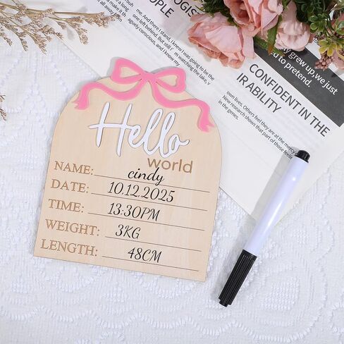 Sibba 5.9" Wooden Bow Birth Welcome Stats Announcement Plaque Hello World Newborn Sign & Pen, Birth Name Sign Bulletin Board Card Newborn Information Record Signs for Hospital Shower Decor Photo Props in Saudi Arabia