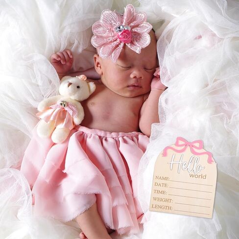 Sibba 5.9" Wooden Bow Birth Welcome Stats Announcement Plaque Hello World Newborn Sign & Pen, Birth Name Sign Bulletin Board Card Newborn Information Record Signs for Hospital Shower Decor Photo Props in Saudi Arabia