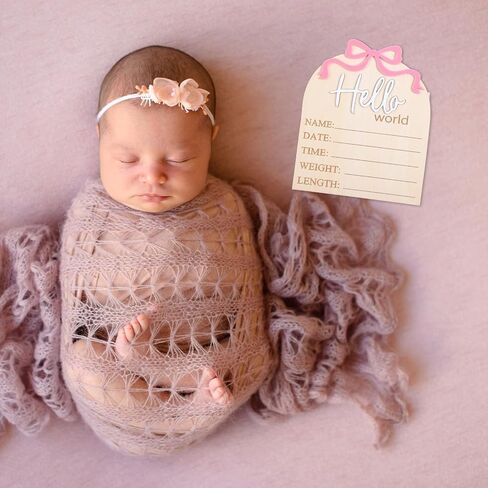 Sibba 5.9" Wooden Bow Birth Welcome Stats Announcement Plaque Hello World Newborn Sign & Pen, Birth Name Sign Bulletin Board Card Newborn Information Record Signs for Hospital Shower Decor Photo Props in Saudi Arabia