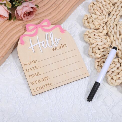 Sibba 5.9" Wooden Bow Birth Welcome Stats Announcement Plaque Hello World Newborn Sign & Pen, Birth Name Sign Bulletin Board Card Newborn Information Record Signs for Hospital Shower Decor Photo Props in Saudi Arabia
