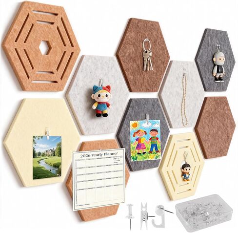 لوحات نشرة من اللباد السداسي 10 عبوات مقاس 11.8 بوصة × 10.23 بوصة × 0.47 بوصة لوحات جدارية من بلاط النشرات ذاتية اللصق لديكور المكاتب المنزلية، لوحة مذكرة صورة الرؤية مع 40 دبوس دفع + 10 مقاطع + 10 خطافات in Kuwait