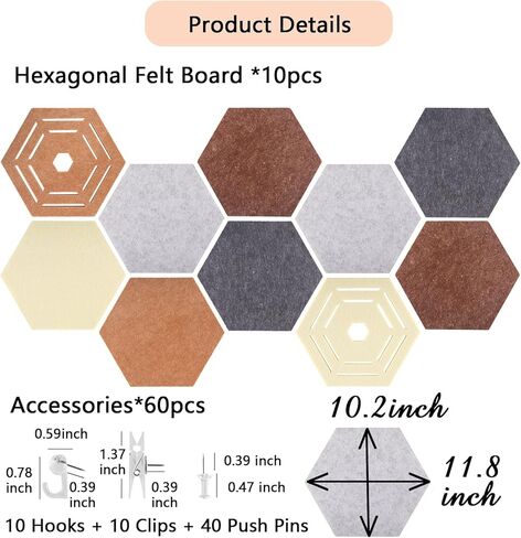 لوحات نشرة من اللباد السداسي 10 عبوات مقاس 11.8 بوصة × 10.23 بوصة × 0.47 بوصة لوحات جدارية من بلاط النشرات ذاتية اللصق لديكور المكاتب المنزلية، لوحة مذكرة صورة الرؤية مع 40 دبوس دفع + 10 مقاطع + 10 خطافات in Kuwait