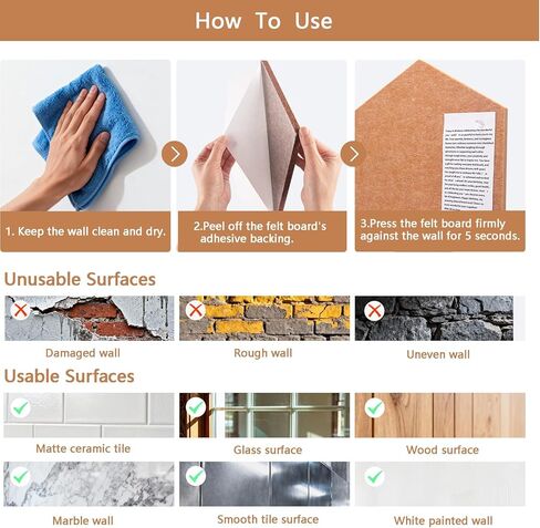 لوحات نشرة من اللباد السداسي 10 عبوات مقاس 11.8 بوصة × 10.23 بوصة × 0.47 بوصة لوحات جدارية من بلاط النشرات ذاتية اللصق لديكور المكاتب المنزلية، لوحة مذكرة صورة الرؤية مع 40 دبوس دفع + 10 مقاطع + 10 خطافات in Kuwait