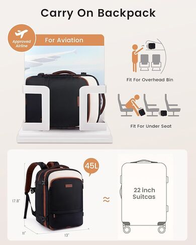 LOVEVOOK Travel Backpack for Women, 45L Expandable Large Carry On Backpack, Personal Item Travel Bag Flight Approved, Business Weekender Overnight Essentials Waterproof Back Pack, Fit 17 Inch Laptop in Kuwait