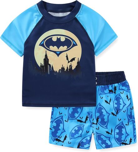 WARNER BROS Batman Boys UPF 50+ Rash Guard Shirt and Swim Trunks Shorts Swimwear Set Swimsuit for Toddler and Big Kids in Saudi Arabia