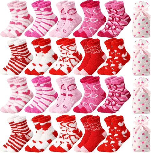 Foaincore 20 Pairs Valentine‘S Day Fuzzy Socks for Woman with Drawstring Gift Bags Set Fluffy Comfortable Fluffy Socks Colorful Warm Winter Comfort Slippers Holiday Sock for Galentine‘S Day Gifts in Saudi Arabia