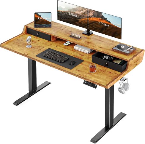 ErGear Electric Standing Desk with Drawers, 48″ x 24″ Gaming Table Compatible Monitor Stand, Stand up Desks, Home Office Height-Adjustable Desk with Storage Shelf, 4 Preset Heights, Vintage Brown in Kuwait
