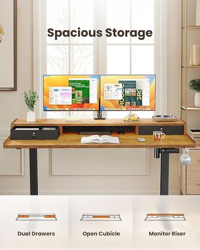 ErGear Electric Standing Desk with Drawers, 48″ x 24″ Gaming Table Compatible Monitor Stand, Stand up Desks, Home Office Height-Adjustable Desk with Storage Shelf, 4 Preset Heights, Vintage Brown in Kuwait