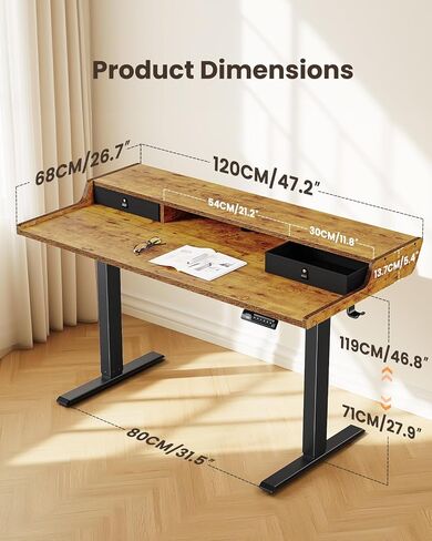 ErGear Electric Standing Desk with Drawers, 48″ x 24″ Gaming Table Compatible Monitor Stand, Stand up Desks, Home Office Height-Adjustable Desk with Storage Shelf, 4 Preset Heights, Vintage Brown in Kuwait