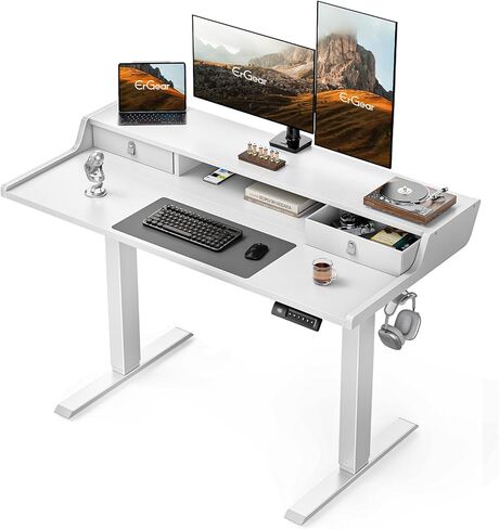ErGear Electric Standing Desk with Drawers, 48″ x 24″ Gaming Table Compatible Monitor Stand, Stand up Desks, Home Office Height-Adjustable Desk with Storage Shelf, 4 Preset Heights, Vintage Brown in Kuwait