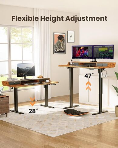 ErGear Electric Standing Desk with Drawers, 48″ x 24″ Gaming Table Compatible Monitor Stand, Stand up Desks, Home Office Height-Adjustable Desk with Storage Shelf, 4 Preset Heights, Vintage Brown in Kuwait