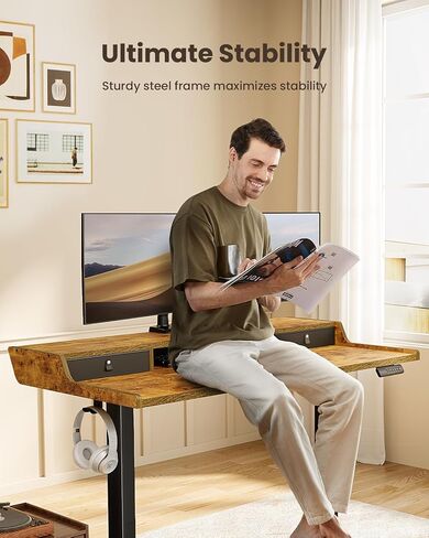 ErGear Electric Standing Desk with Drawers, 48″ x 24″ Gaming Table Compatible Monitor Stand, Stand up Desks, Home Office Height-Adjustable Desk with Storage Shelf, 4 Preset Heights, Vintage Brown in Kuwait