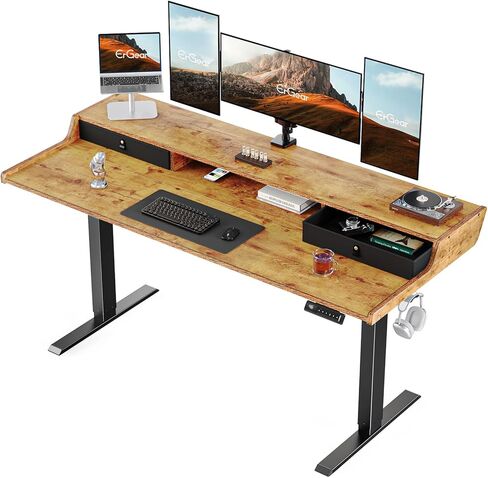 ErGear Electric Standing Desk with Drawers, 48″ x 24″ Gaming Table Compatible Monitor Stand, Stand up Desks, Home Office Height-Adjustable Desk with Storage Shelf, 4 Preset Heights, Vintage Brown in Kuwait