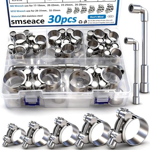 smseace 30pcs 6-sizes 304 Stainless Steel T-bolt Hose Clamps Assortment Kit 17-35mm Heavy Duty T-bolt Hose Clamps with M8 and M10 Socket Wrenches Pipe Tube Clamps in Saudi Arabia