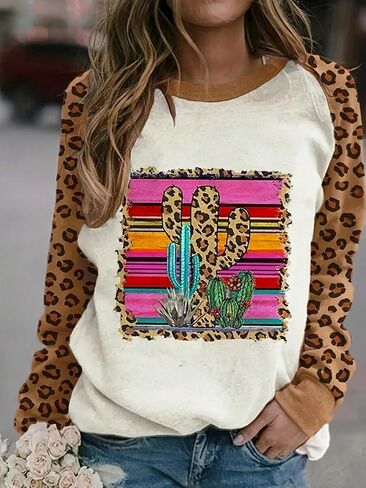 Summer foe Womens Leopard Print Round Neck with Cactus Pattern Bohemian CasualVacation Fashion Beach Work Clothes in Saudi Arabia