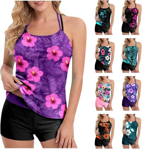 Womens Tankini Bathing Suits Modest Halter Two Piece Swimsuit with Shorts Full Coverage Beach Hawaii Printed Swimwear in Saudi Arabia