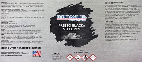 Birchwood Technologies Presto Black STEEL PC9 - حل اسوداد متعدد الاستخدامات لسبائك الحديد والفولاذ، طلاء أكسيد الزنجار الأزرق والأسود التقليدي (8 أونصة) in Kuwait