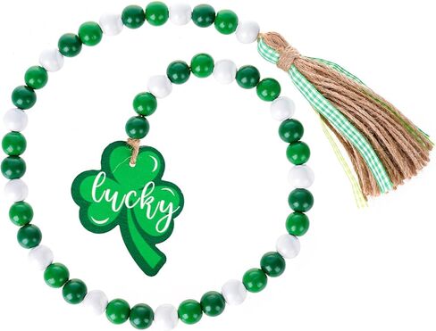 St. Patrick's Day Wood Bead Garland Green Shamrock Tassel Rustic Hanging Farmhouse Garland for Tiered Tray Decor Spring Home Decor in Saudi Arabia