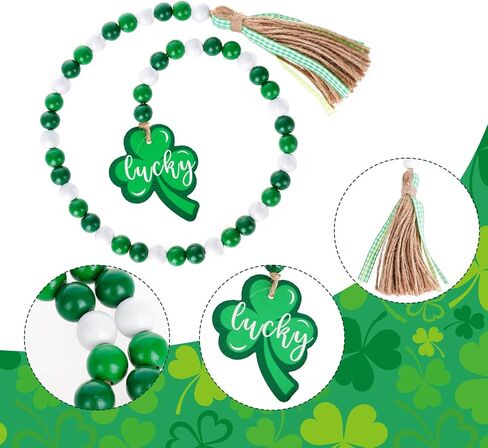 St. Patrick's Day Wood Bead Garland Green Shamrock Tassel Rustic Hanging Farmhouse Garland for Tiered Tray Decor Spring Home Decor in Saudi Arabia