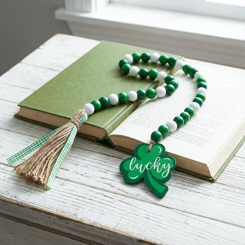 St. Patrick's Day Wood Bead Garland Green Shamrock Tassel Rustic Hanging Farmhouse Garland for Tiered Tray Decor Spring Home Decor in Saudi Arabia