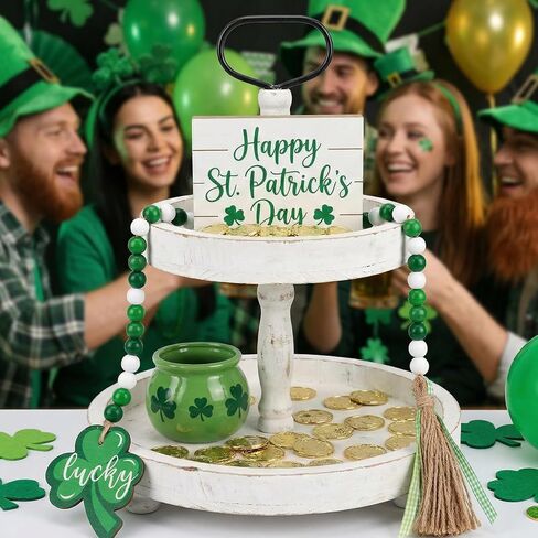 St. Patrick's Day Wood Bead Garland Green Shamrock Tassel Rustic Hanging Farmhouse Garland for Tiered Tray Decor Spring Home Decor in Saudi Arabia