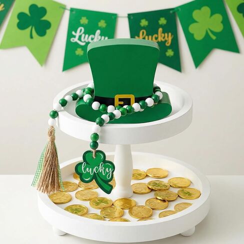 St. Patrick's Day Wood Bead Garland Green Shamrock Tassel Rustic Hanging Farmhouse Garland for Tiered Tray Decor Spring Home Decor in Saudi Arabia