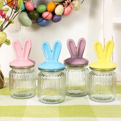 زينة عيد الفصح - 4 قطع من الجرار الزجاجية مع غطاء أذن أرنب من السيراميك - تخزين زجاجي لعيد الفصح لحلوى الشوكولاتة والحلويات هدية صغيرة لتزيين طاولة البيض in Kuwait