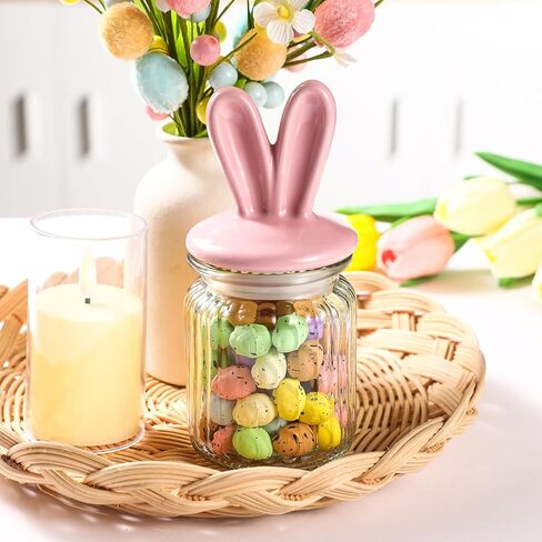 زينة عيد الفصح - 4 قطع من الجرار الزجاجية مع غطاء أذن أرنب من السيراميك - تخزين زجاجي لعيد الفصح لحلوى الشوكولاتة والحلويات هدية صغيرة لتزيين طاولة البيض in Kuwait