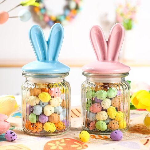 زينة عيد الفصح - 4 قطع من الجرار الزجاجية مع غطاء أذن أرنب من السيراميك - تخزين زجاجي لعيد الفصح لحلوى الشوكولاتة والحلويات هدية صغيرة لتزيين طاولة البيض in Kuwait