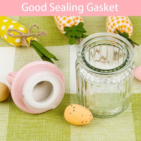 زينة عيد الفصح - 4 قطع من الجرار الزجاجية مع غطاء أذن أرنب من السيراميك - تخزين زجاجي لعيد الفصح لحلوى الشوكولاتة والحلويات هدية صغيرة لتزيين طاولة البيض in Kuwait